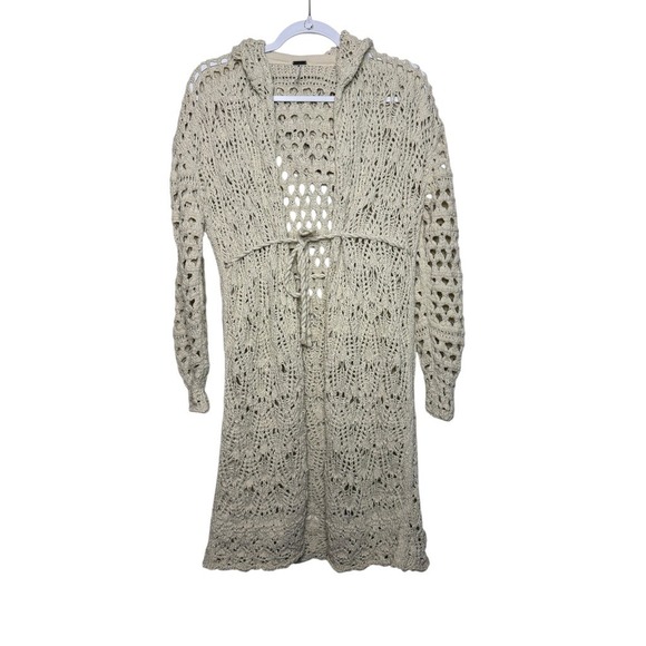 Free People Sweaters - Free People Cream Sweet Talker Crochet Hooded Cardigan Open Front Tie Waist XS